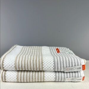 Caro Home Bath Towel Set White Gray Tan Stripe Plush Soft 100% Cotton 2 Pc NEW